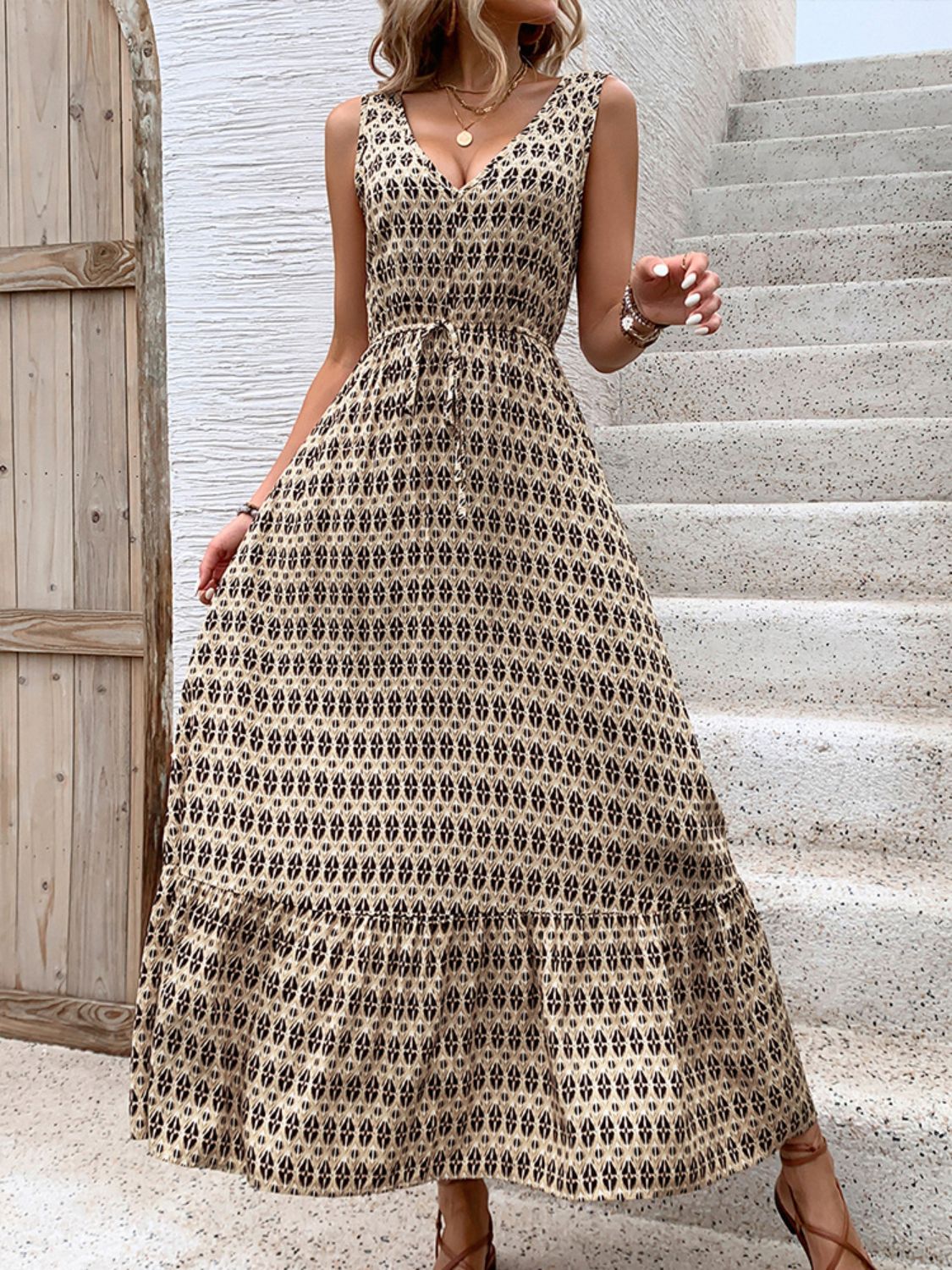 Printed V-Neck Tie Waist Midi Dress-Chaelisa's New Jammies