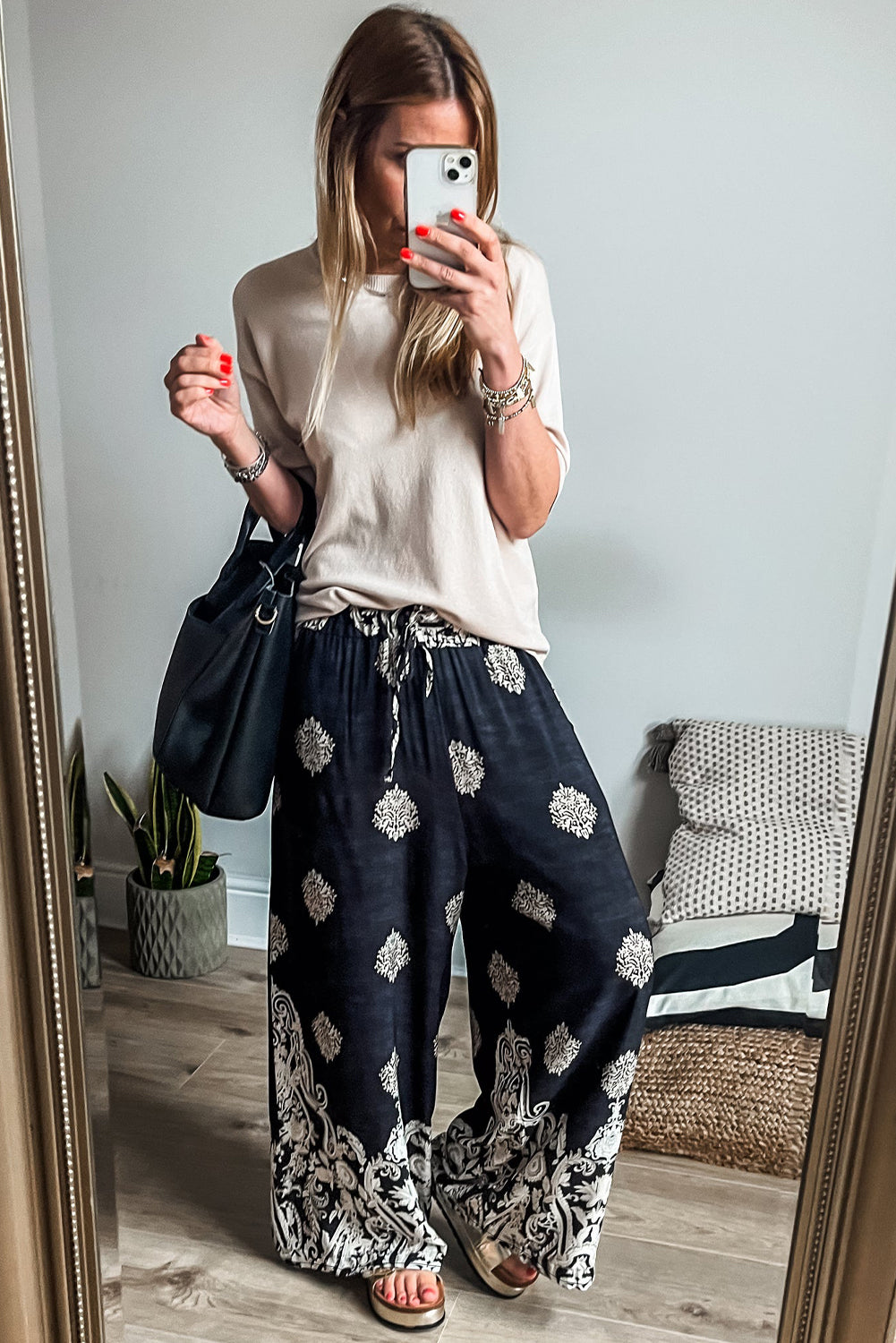 Black Bohemian Printed Drawstring Waist Wide Leg Pants-Chaelisa's New Jammies