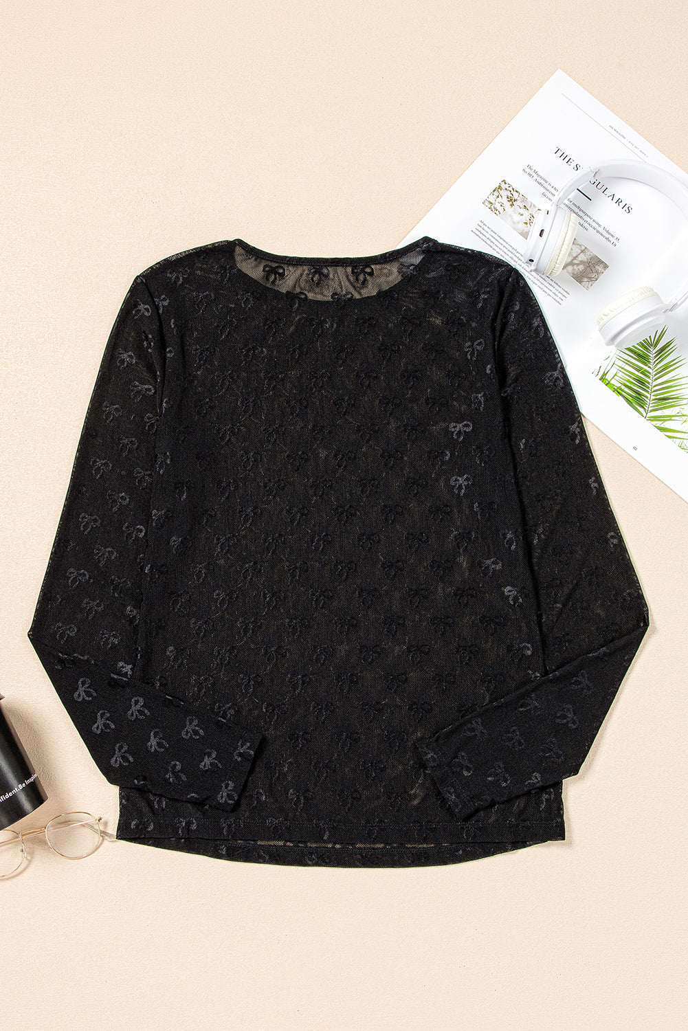 Black Mesh Bow Pattern Long Sleeve Top-Chaelisa's New Jammies