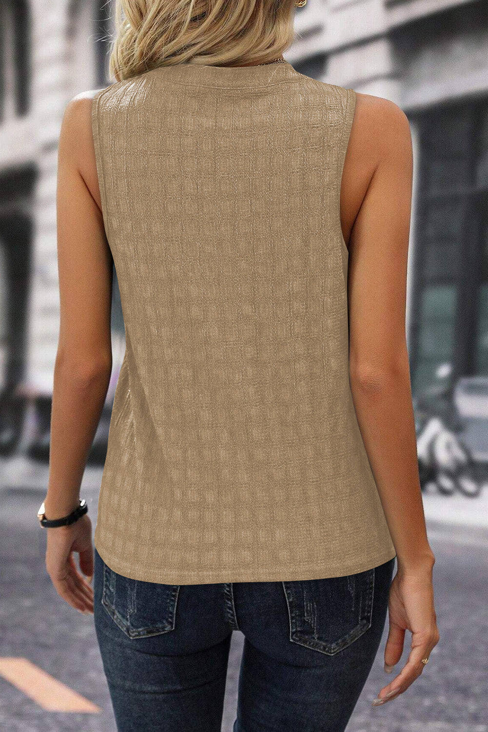 Light French Beige Lattice Textured Split Neck Tank Top-Chaelisa's New Jammies