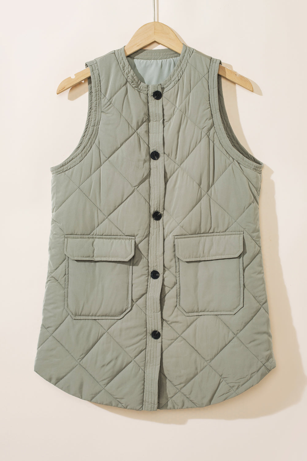 Grass Green Quilted Long Vest Jacket with Pockets-Chaelisa's New Jammies