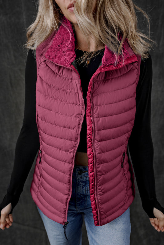 Burgundy Plush Collared Quilted Zipped Puffer Vest-Chaelisa's New Jammies