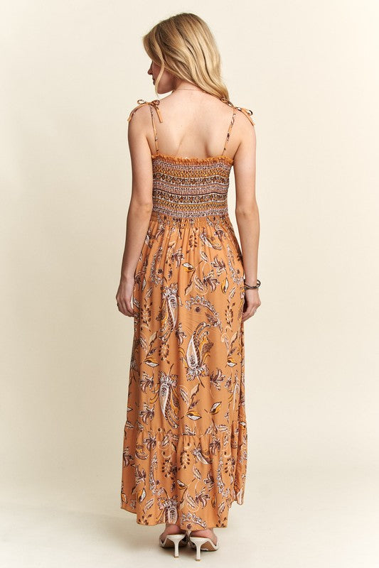 ADORA Smocked Printed Square Neck Tie Shoulder Cami Dress-Chaelisa's New Jammies