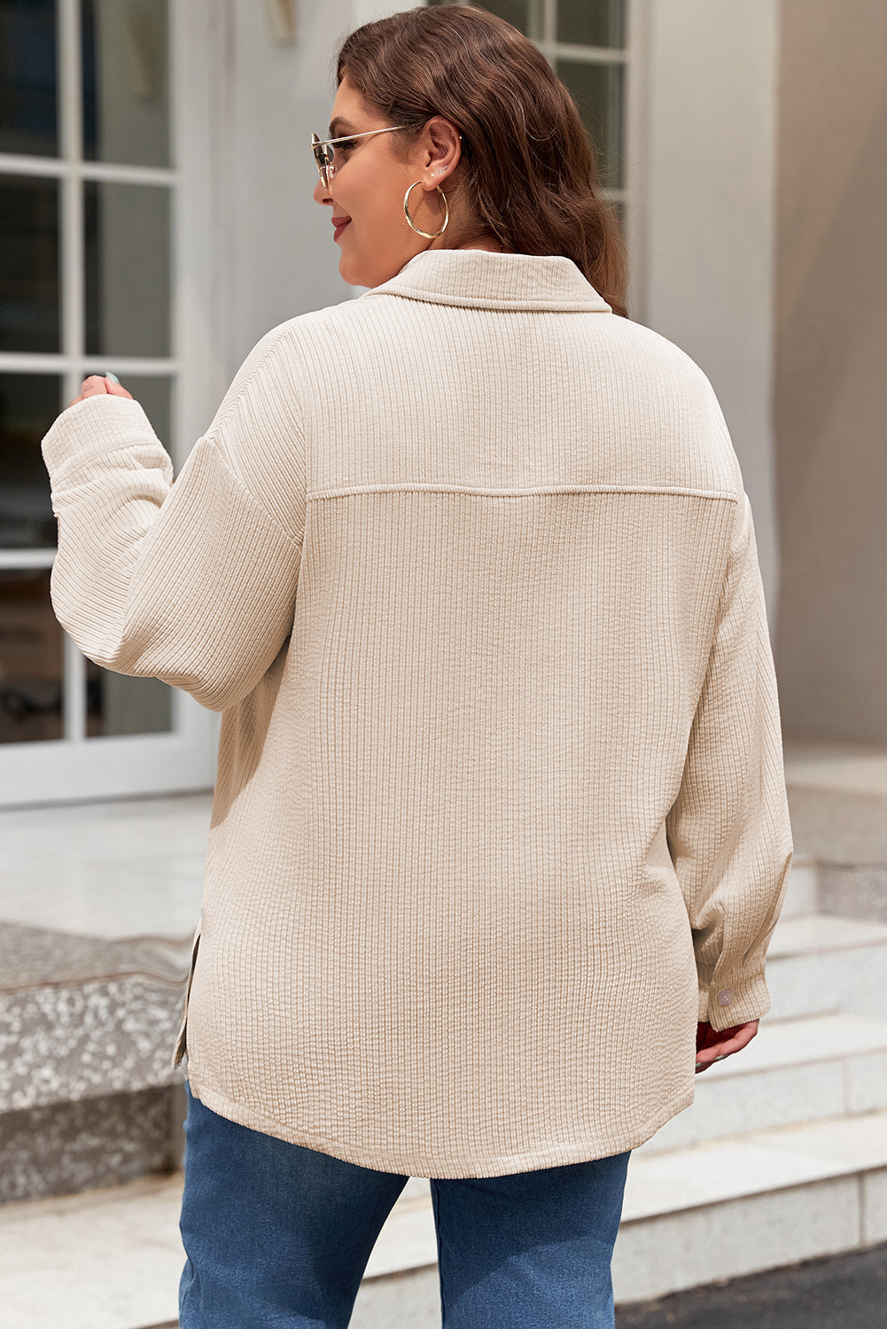 Oatmeal Textured Flap Pockets Buttoned Plus Size Shacket-Chaelisa's New Jammies