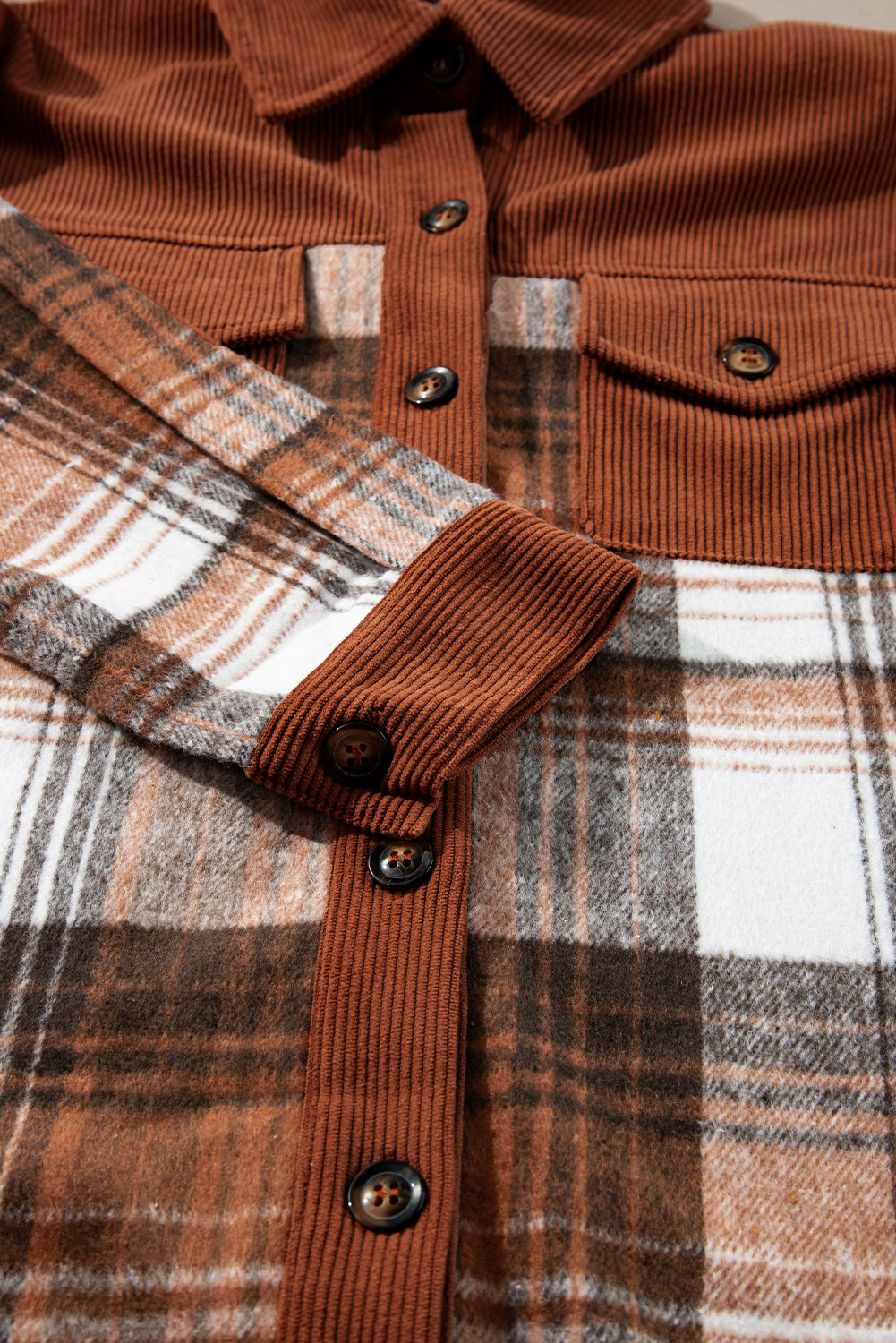 Cinnamon Plaid Corduroy Patchwork Chest Pocket Shacket-Chaelisa's New Jammies