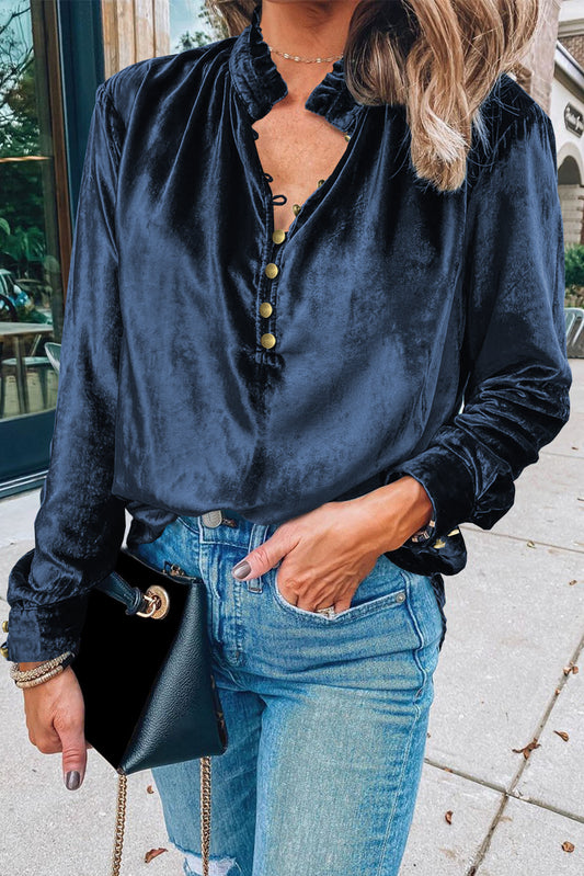Navy Blue Frilled Buttoned V Neck Velvet Blouse-Chaelisa's New Jammies