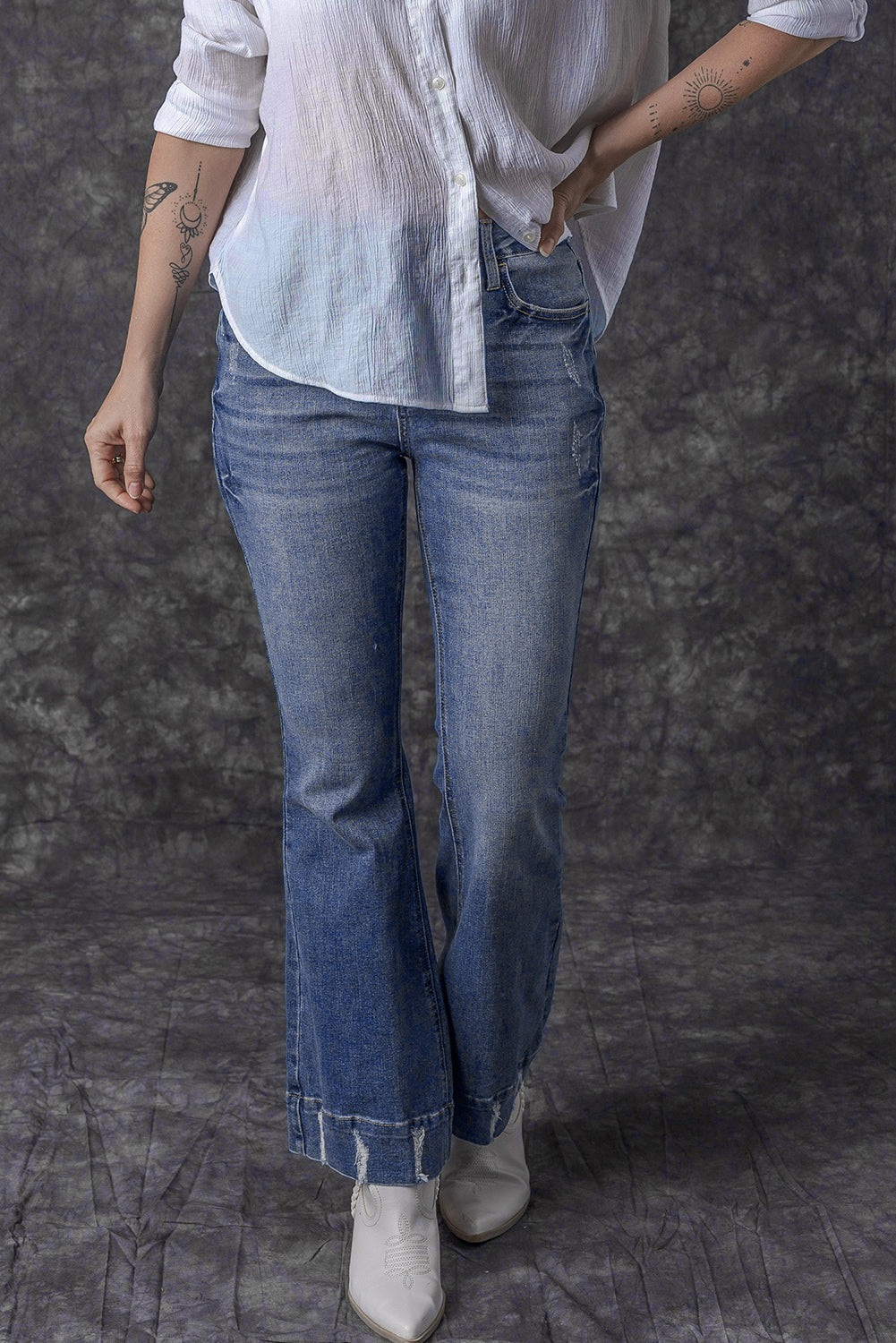 Sky Blue Slight Distressed Medium Wash Flare Jeans-Chaelisa's New Jammies