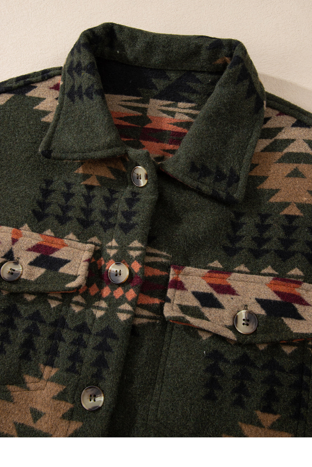 Green Aztec Print Flap Pockets Long Sleeve Shacket-Chaelisa's New Jammies