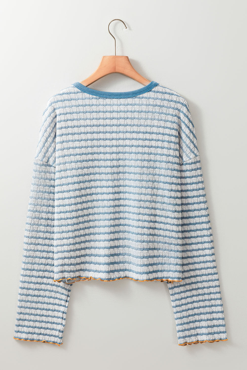 Sky Blue Stripe Textured Frilly Trim Buttons Henley Long Sleeve Top-Chaelisa's New Jammies