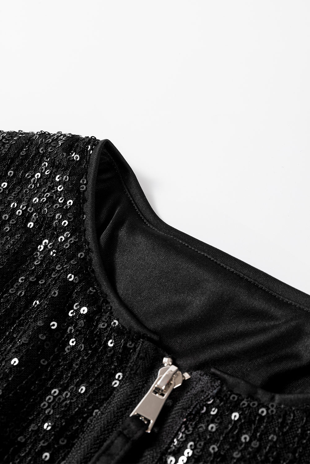 Black Sequin Zip up Round Neck Long Sleeve Jacket-Chaelisa's New Jammies