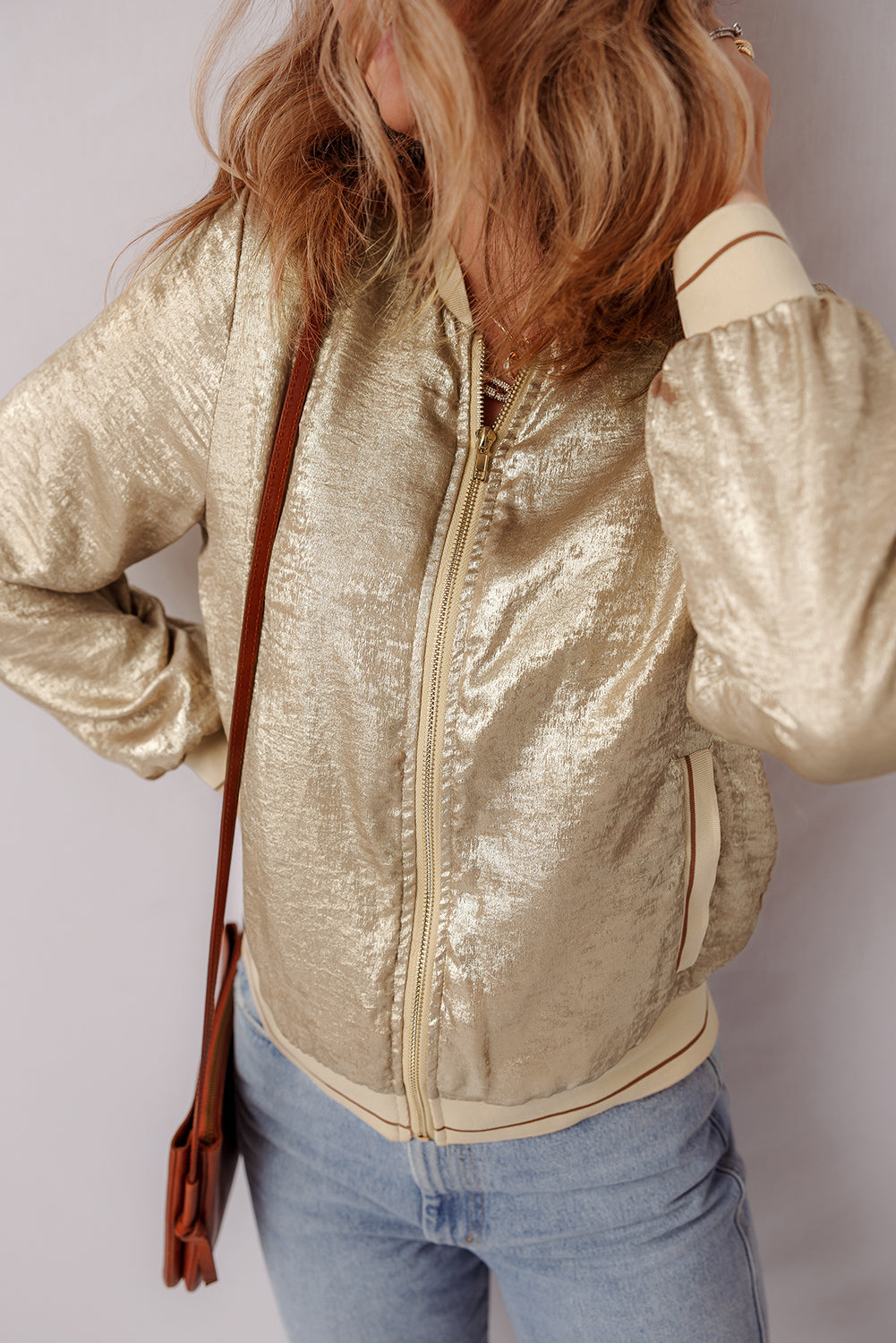Pale Khaki Metallic Zip up Baseball Jacket-Chaelisa's New Jammies