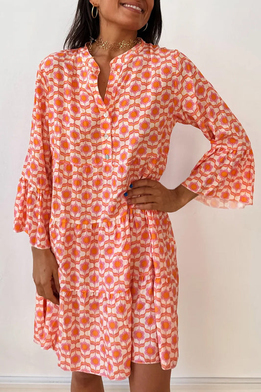 Orange Floral Print Flounce Sleeve Buttoned Front Mini Dress-Chaelisa's New Jammies