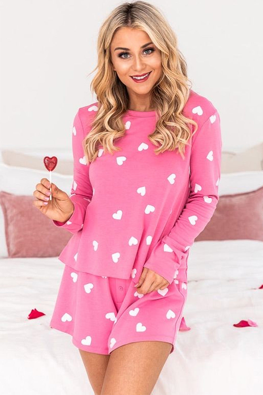 Pink Valentine Heart Print Long Sleeve Tee and Shorts Lounge Set-Chaelisa's New Jammies