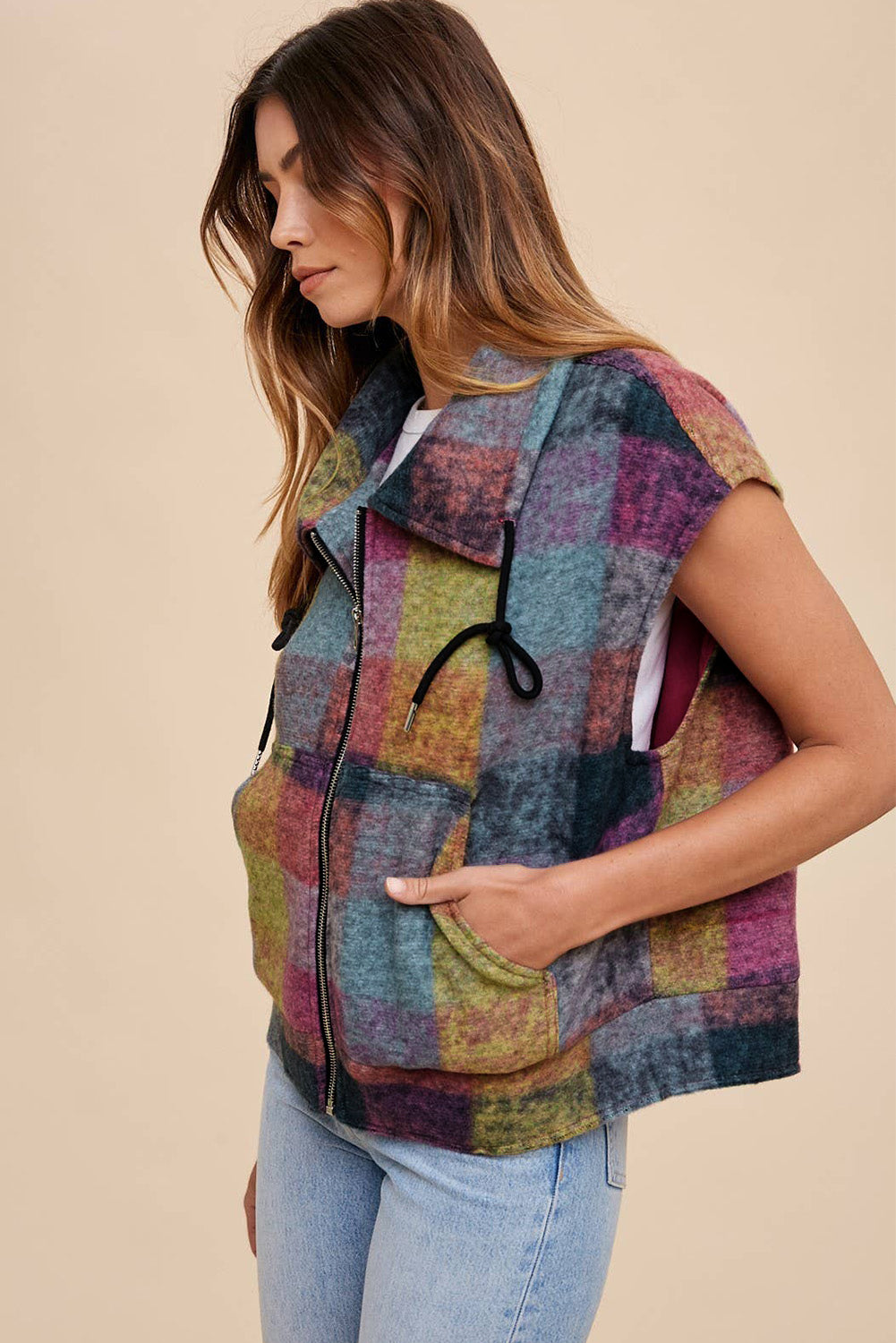 Multicolor Plaid Print Side Pockets Zipped Loose Vest-Chaelisa's New Jammies