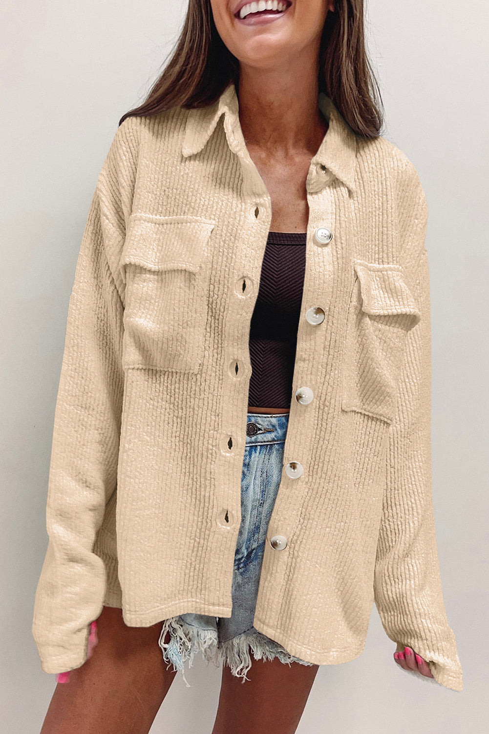 Apricot Solid Color Corduroy Buttoned Long Sleeve Shacket-Chaelisa's New Jammies