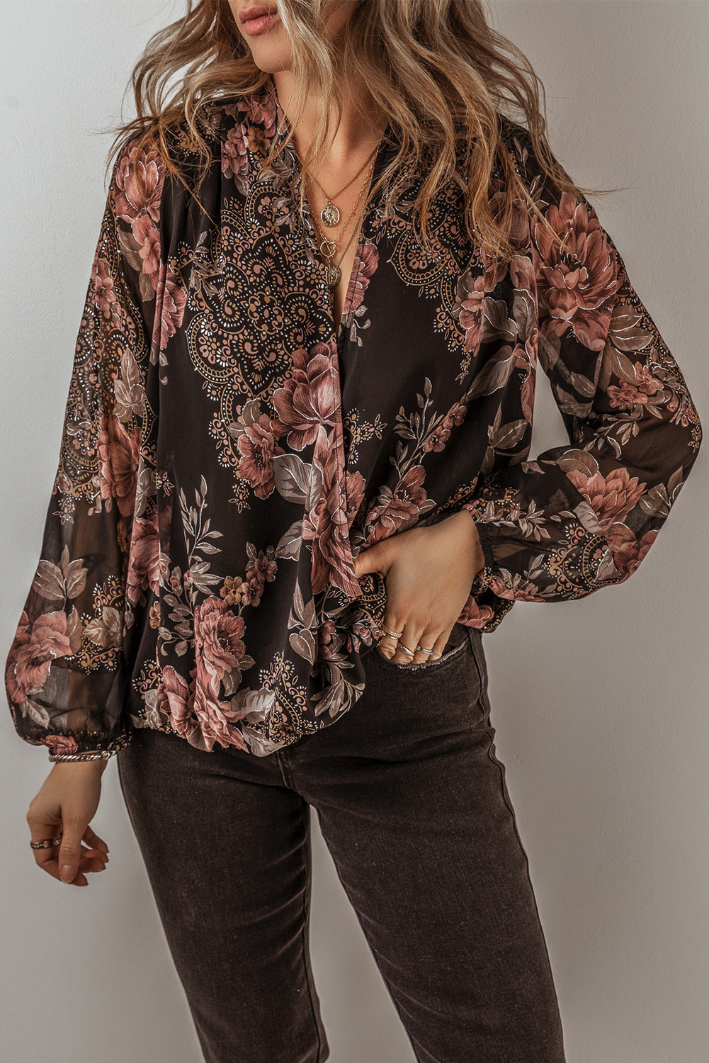 Black Floral Print Criss Cross V Neck Balloon Sleeve Blouse-Chaelisa's New Jammies