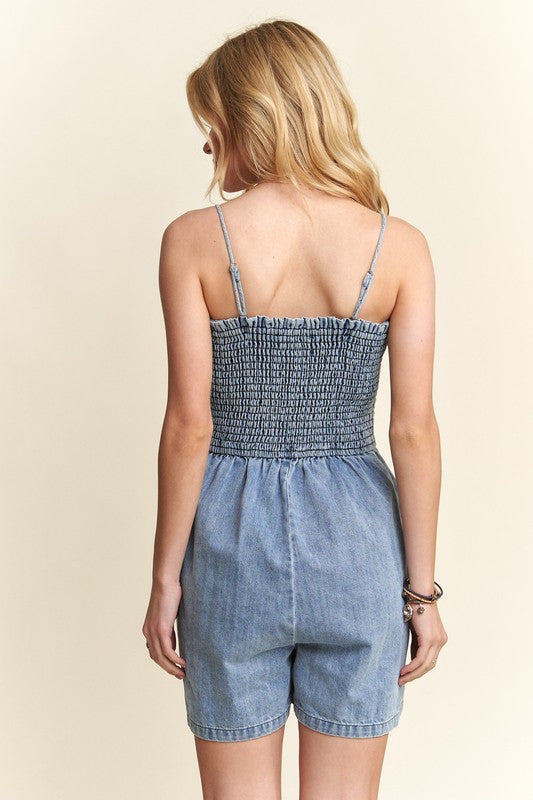ADORA Smocked Spaghetti Strap Denim Romper-Chaelisa's New Jammies