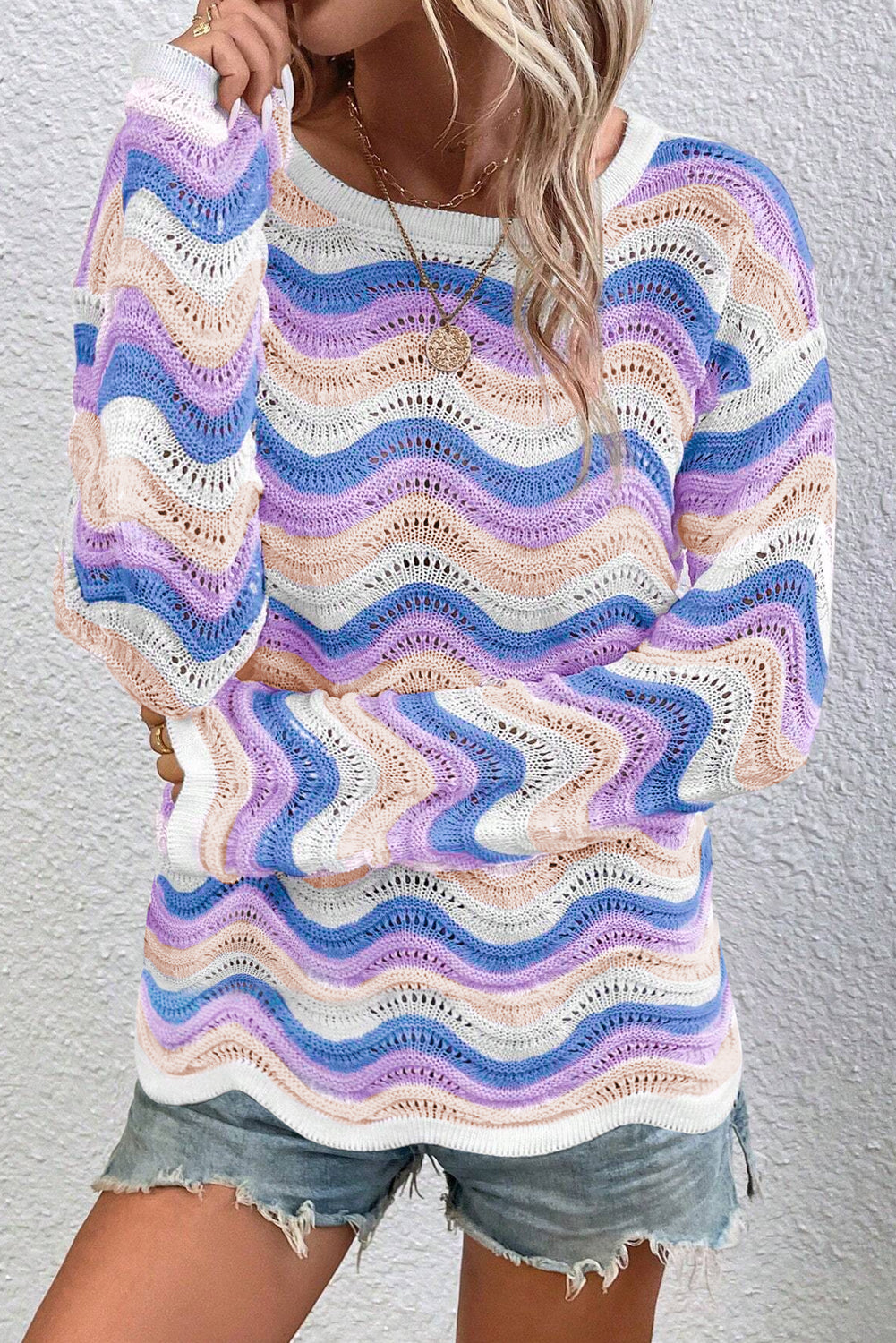 Purple Stripe Wavy Pointelle Knit Drop Shoulder Sweater-Chaelisa's New Jammies