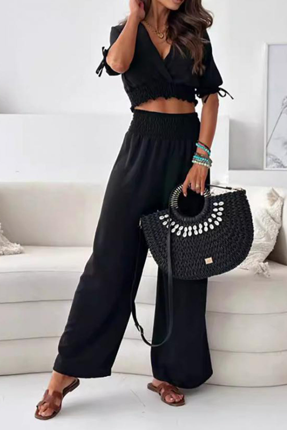 Surplice Short Sleeve Top and Pants Set-Chaelisa's New Jammies