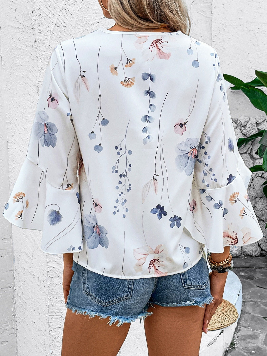 Ruffled Printed V-Neck Half Sleeve Blouse-Chaelisa's New Jammies