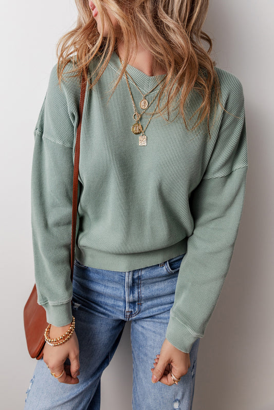 Clearly Aqua Waffle Knit Drop Shoulder V Neck Top-Chaelisa's New Jammies