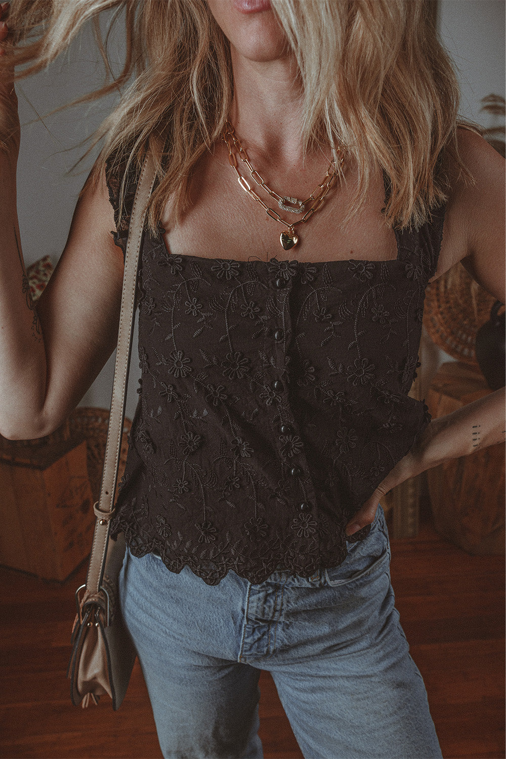 Black Floral Embroidered Buttoned Square Neck Tank Top-Chaelisa's New Jammies