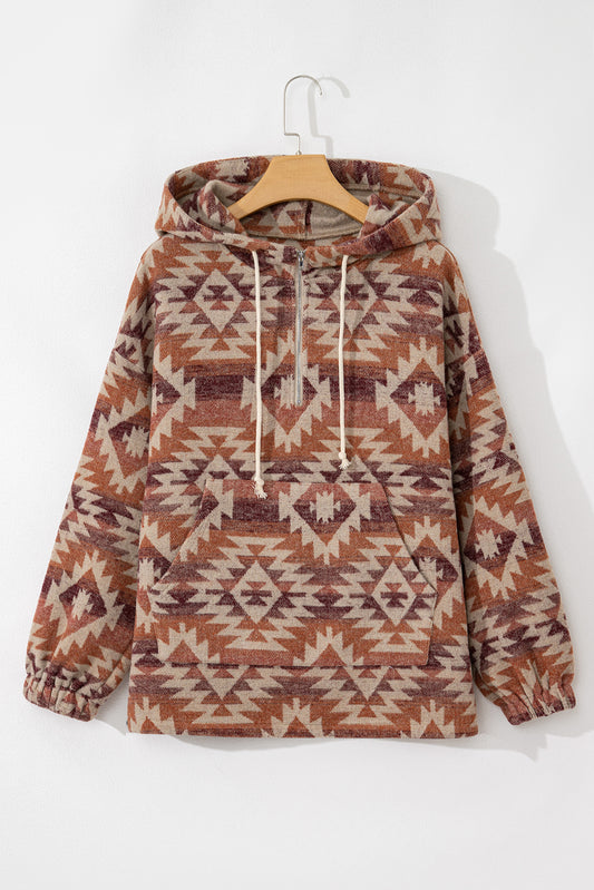 Red Plus Size Western Fashion Aztec Patterned Half Zip High Neck Hoodie-Chaelisa's New Jammies