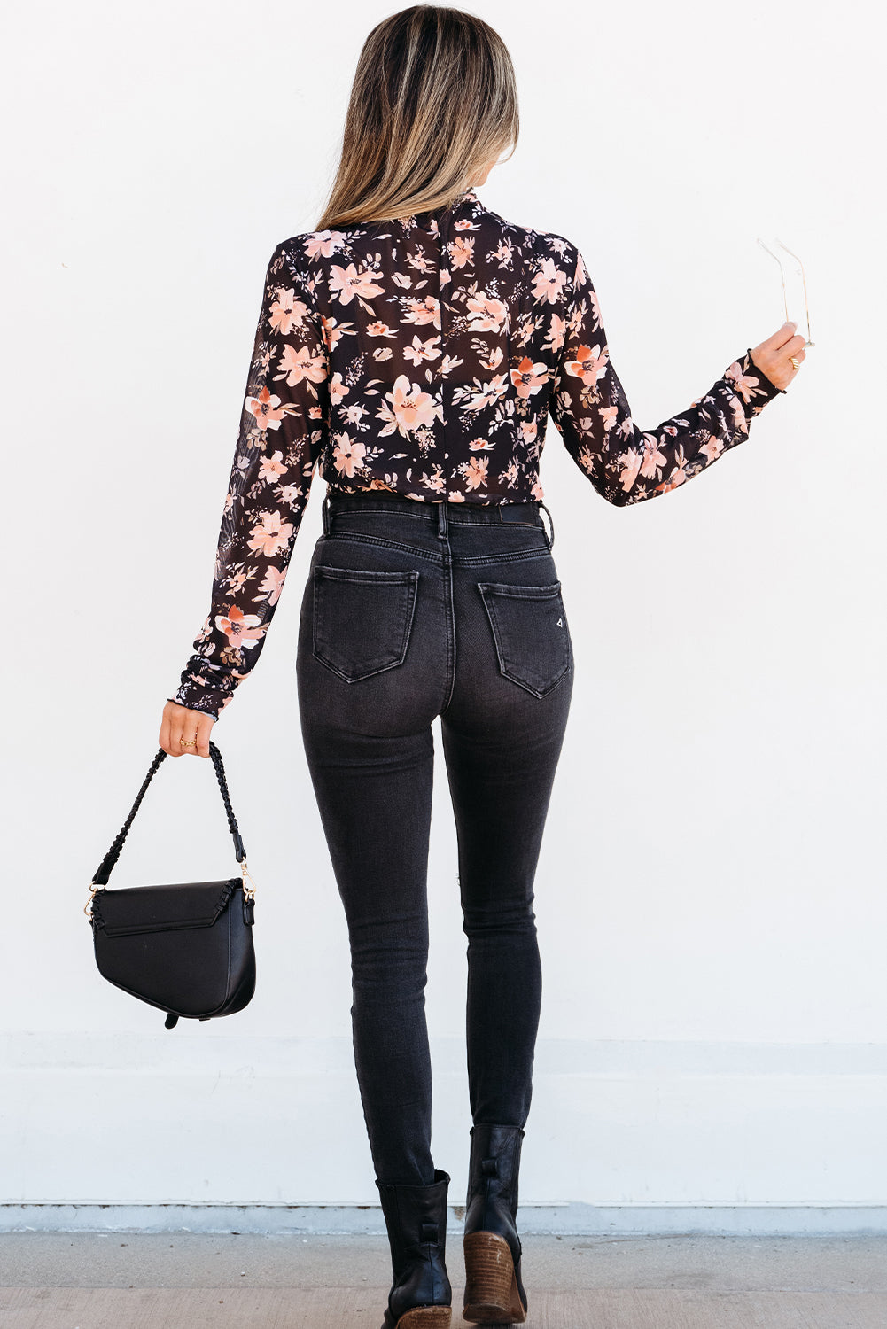 Black Floral Mesh Mock Neck Long Sleeve Slim Fit Top-Chaelisa's New Jammies