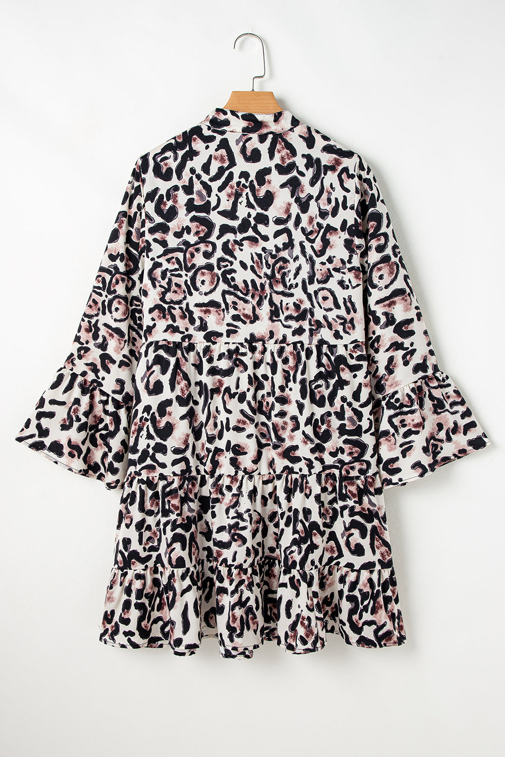 Black Leopard Print Buttoned Front 3/4 Sleeve Tiered Ruffled Hem Dress-Chaelisa's New Jammies