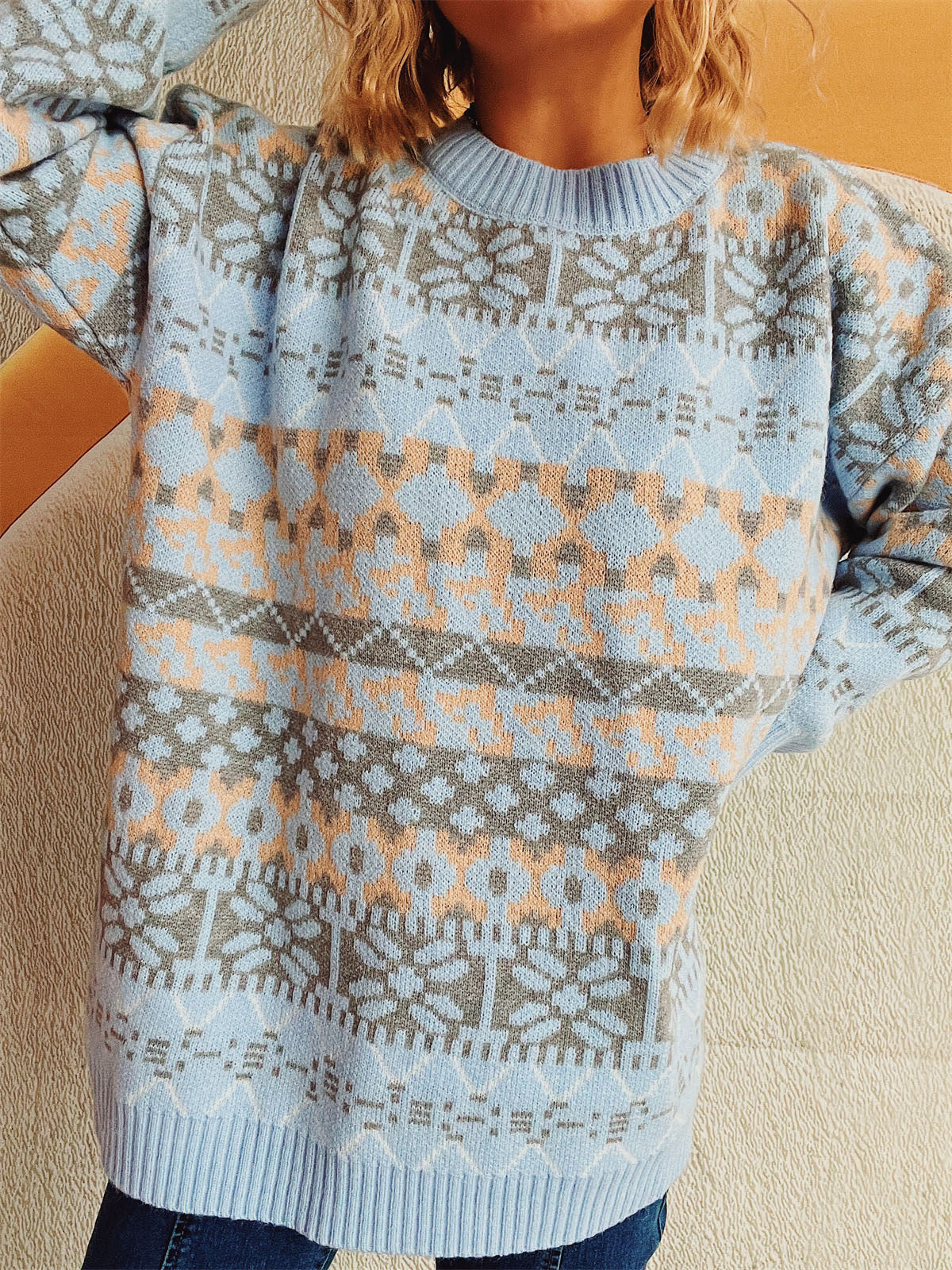 Geometric Round Neck Dropped Shoulder Sweater-Chaelisa's New Jammies