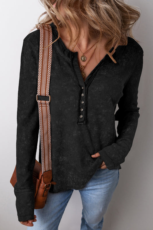 Black Acid Wash Waffle Knit Buttoned Neckline Long Sleeve Top-Chaelisa's New Jammies
