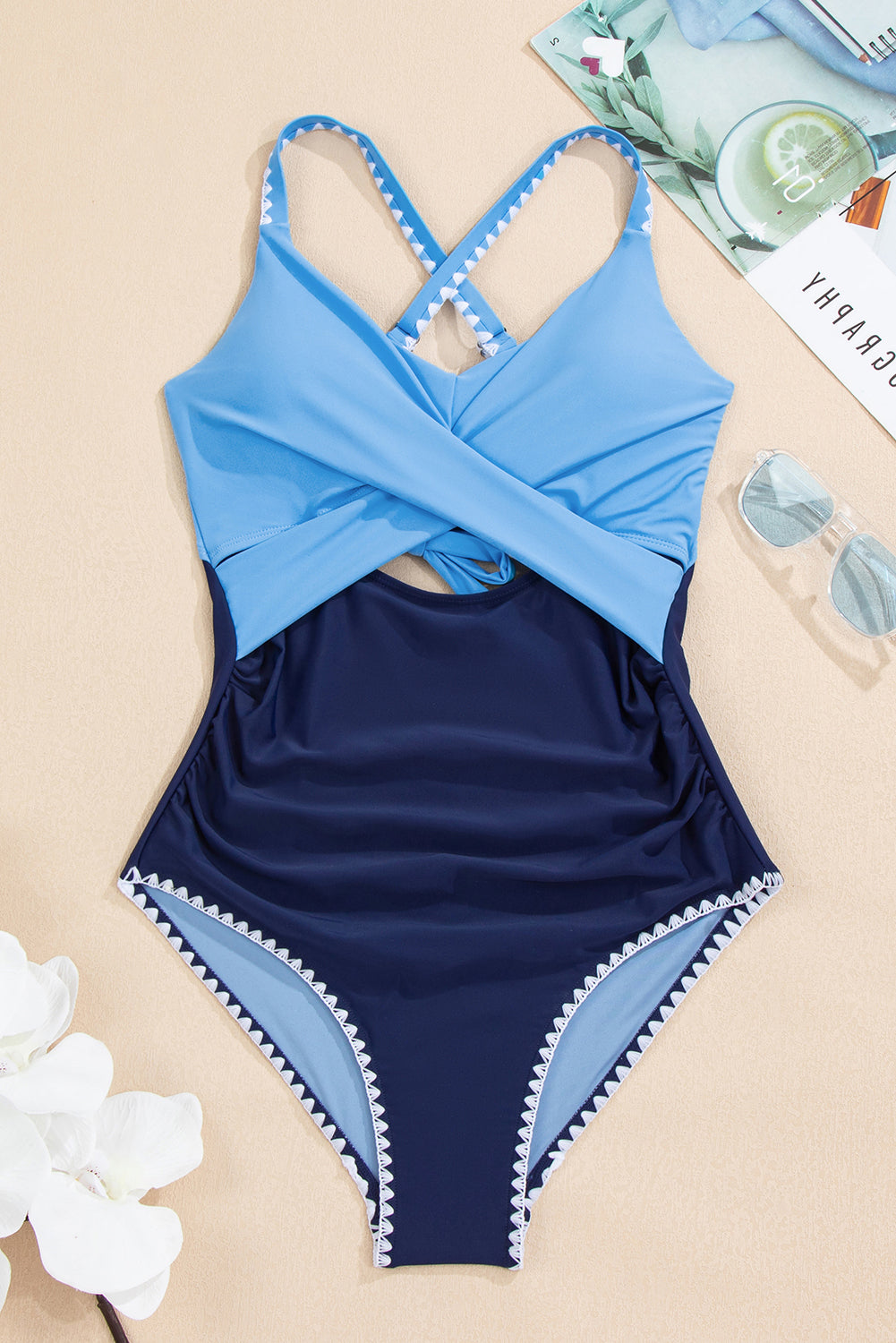 Beau Blue Ric Rac Trim Contrasted Patchwork Cutout One Piece Swimsuit
