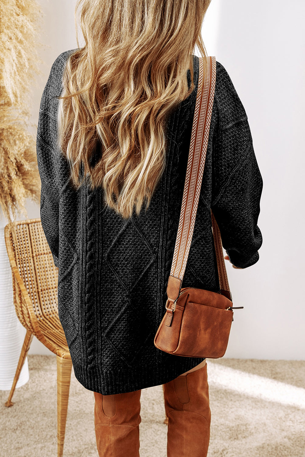Black Cable Knit Drop Shoulder Loose Fit Sweater Dress-Chaelisa's New Jammies