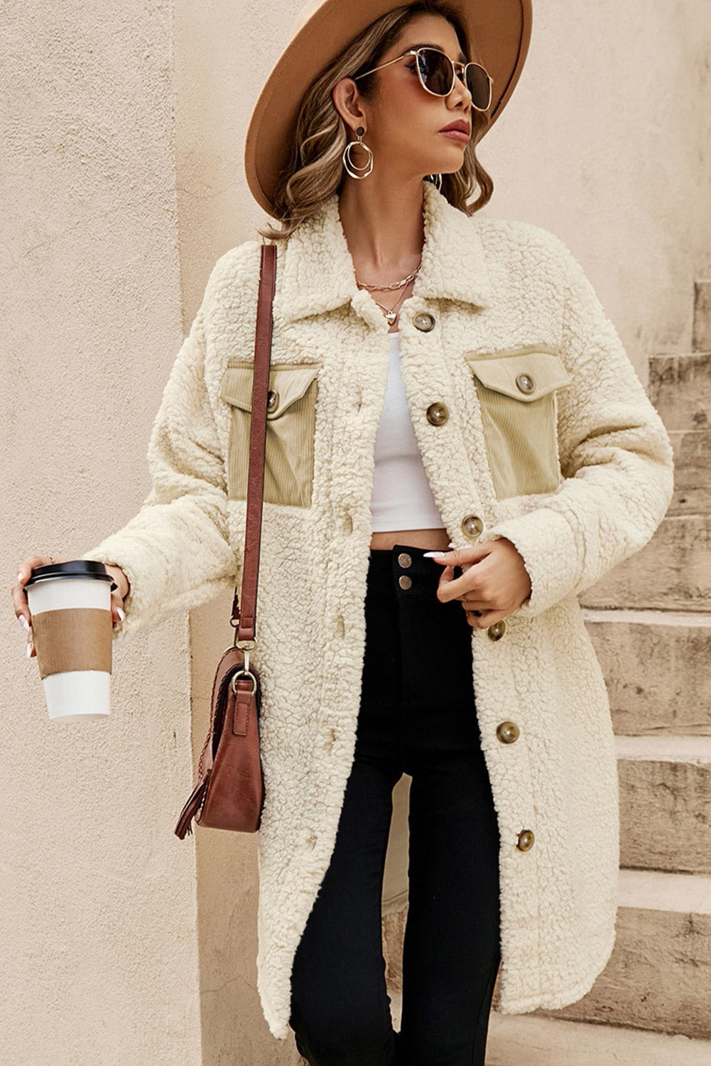 Beige Contrast Flap Pocket Single Breasted Teddy Coat-Chaelisa's New Jammies