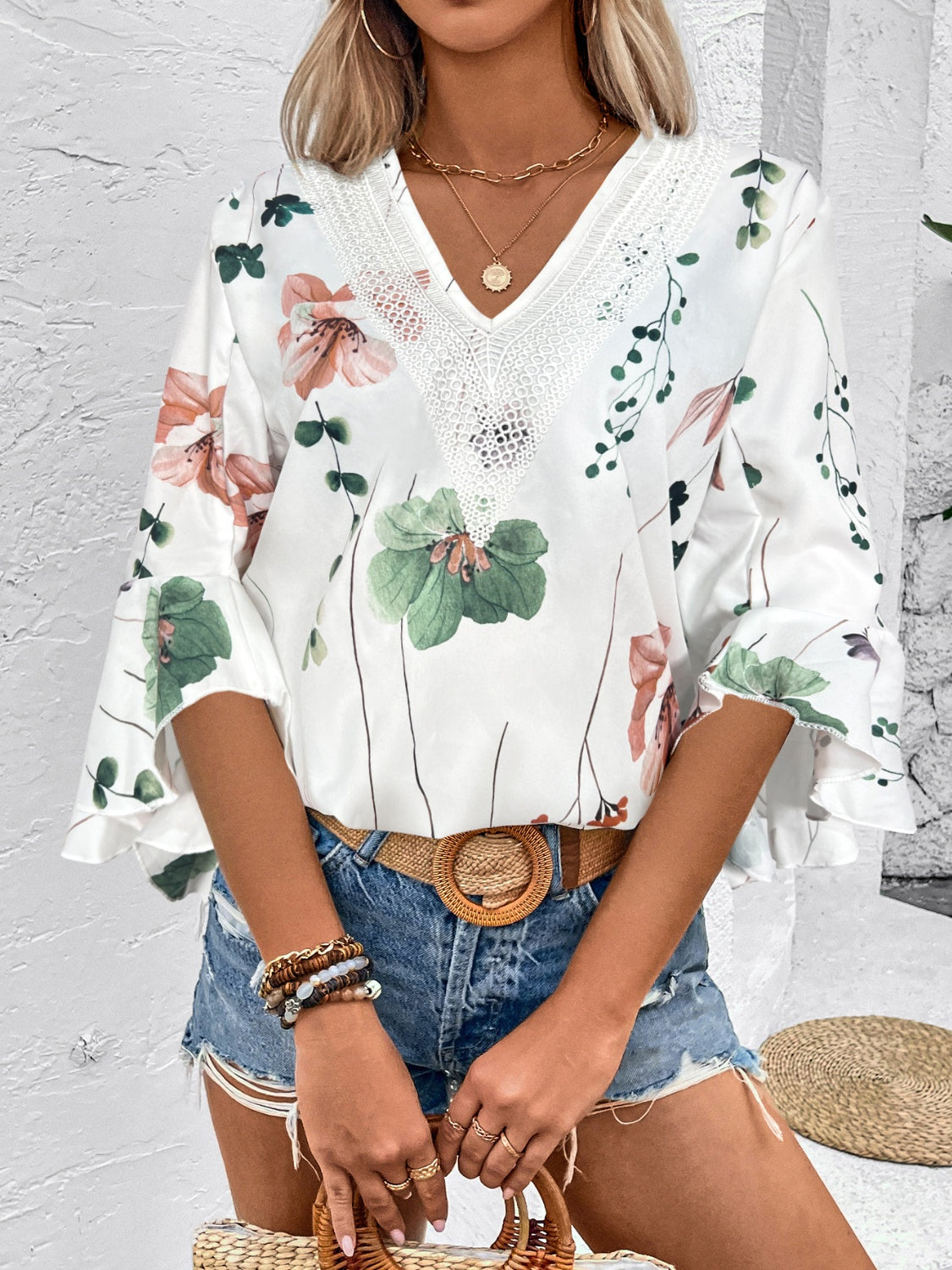Ruffled Printed V-Neck Half Sleeve Blouse-Chaelisa's New Jammies