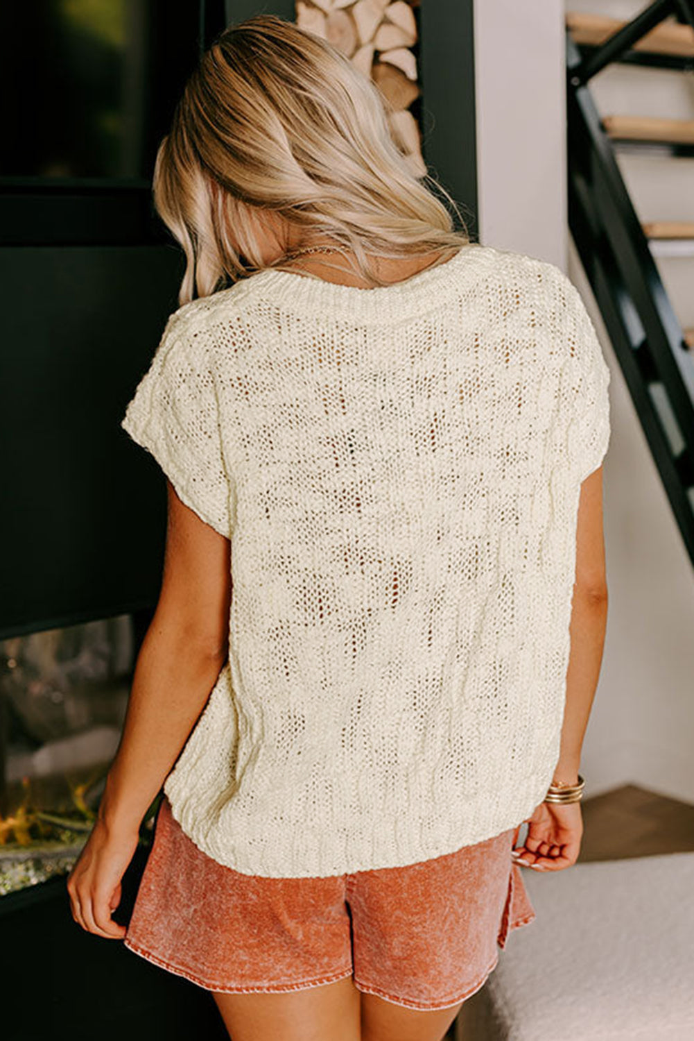 Beige Notched V Neck Short Sleeve Sweater-Chaelisa's New Jammies