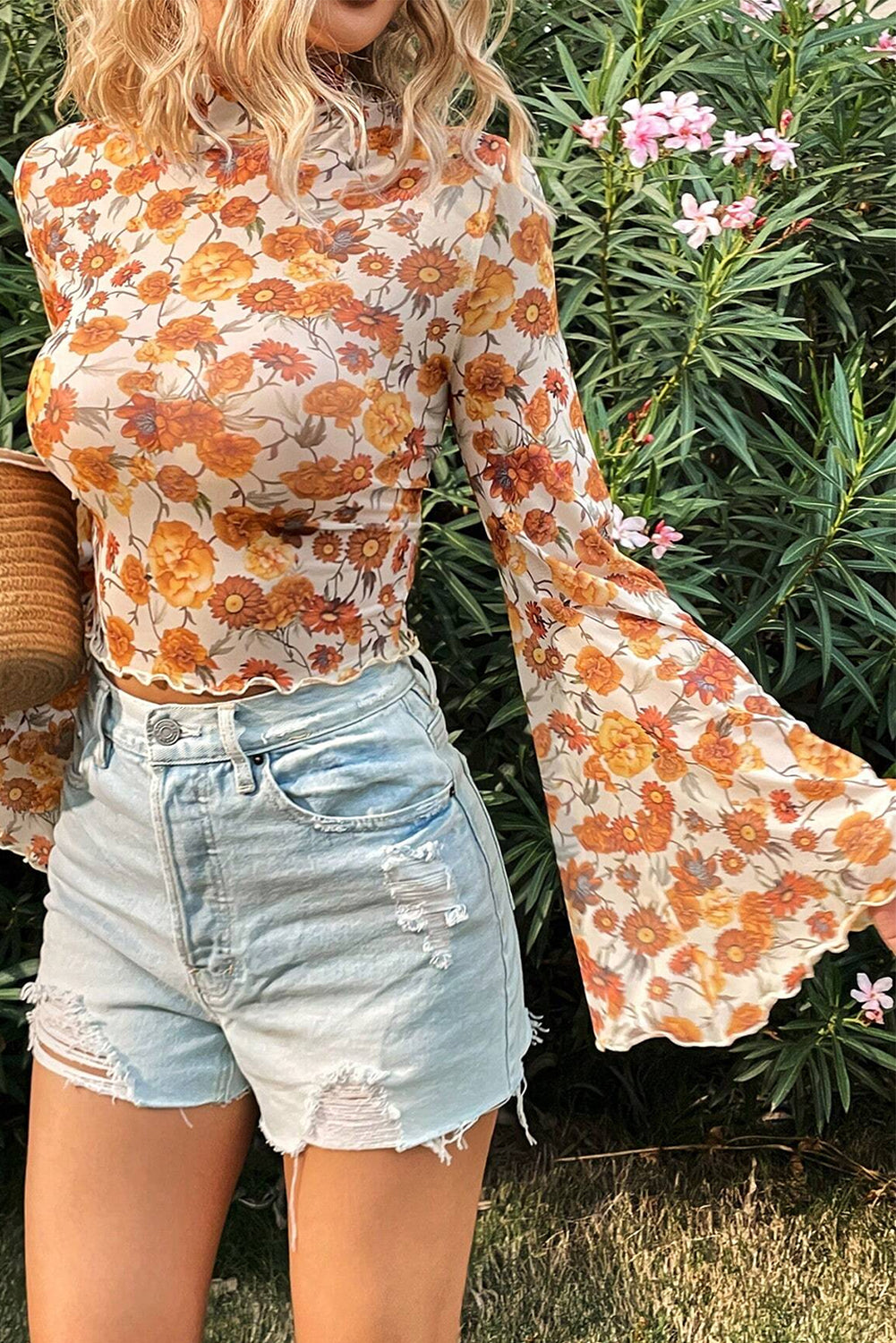 Orange Floral Printed Bell Sleeve Mock Neck Scallop Trim Blouse-Chaelisa's New Jammies