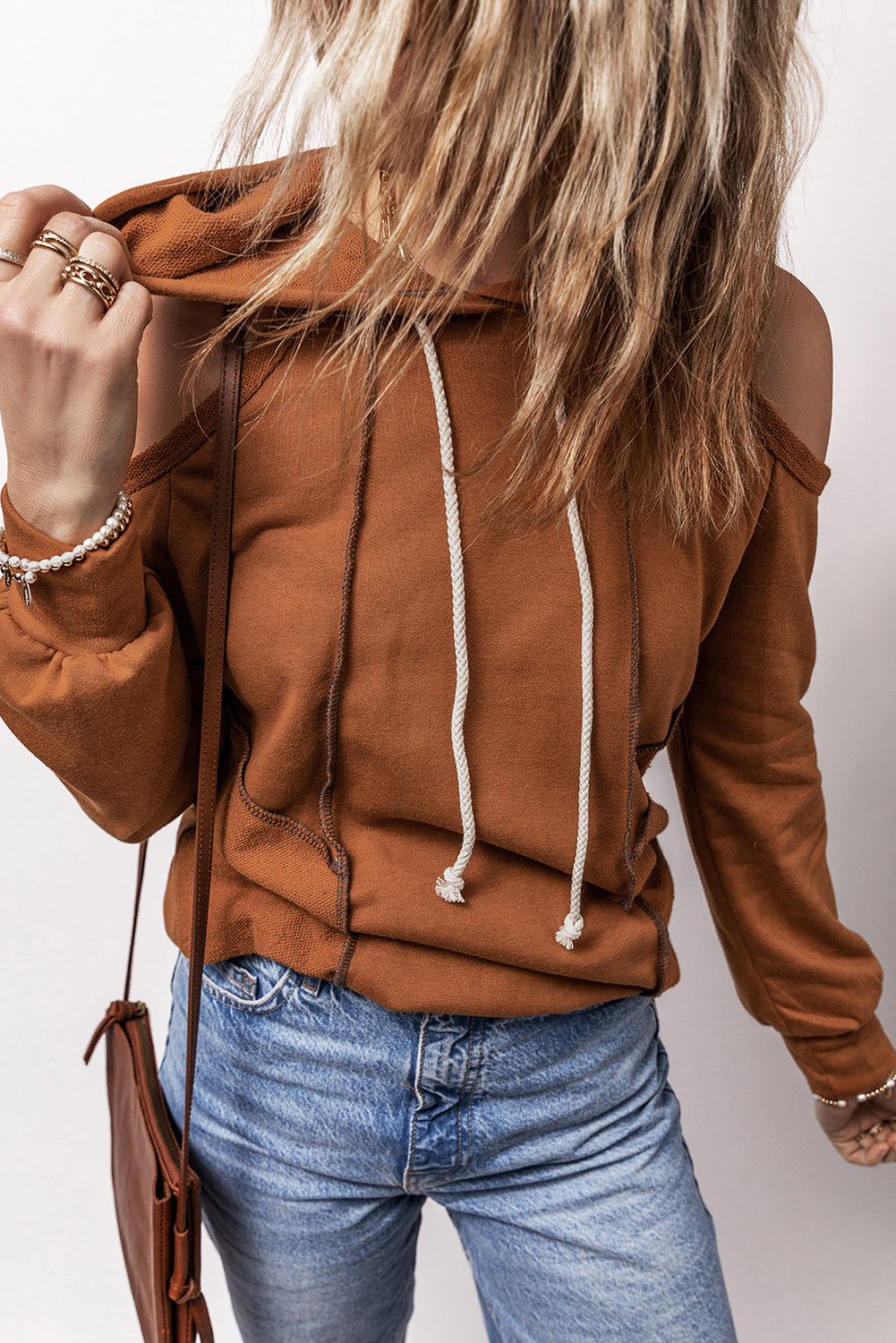 Cinnamon Exposed Seam Cold Shoulder Drawstring Hoodie-Chaelisa's New Jammies
