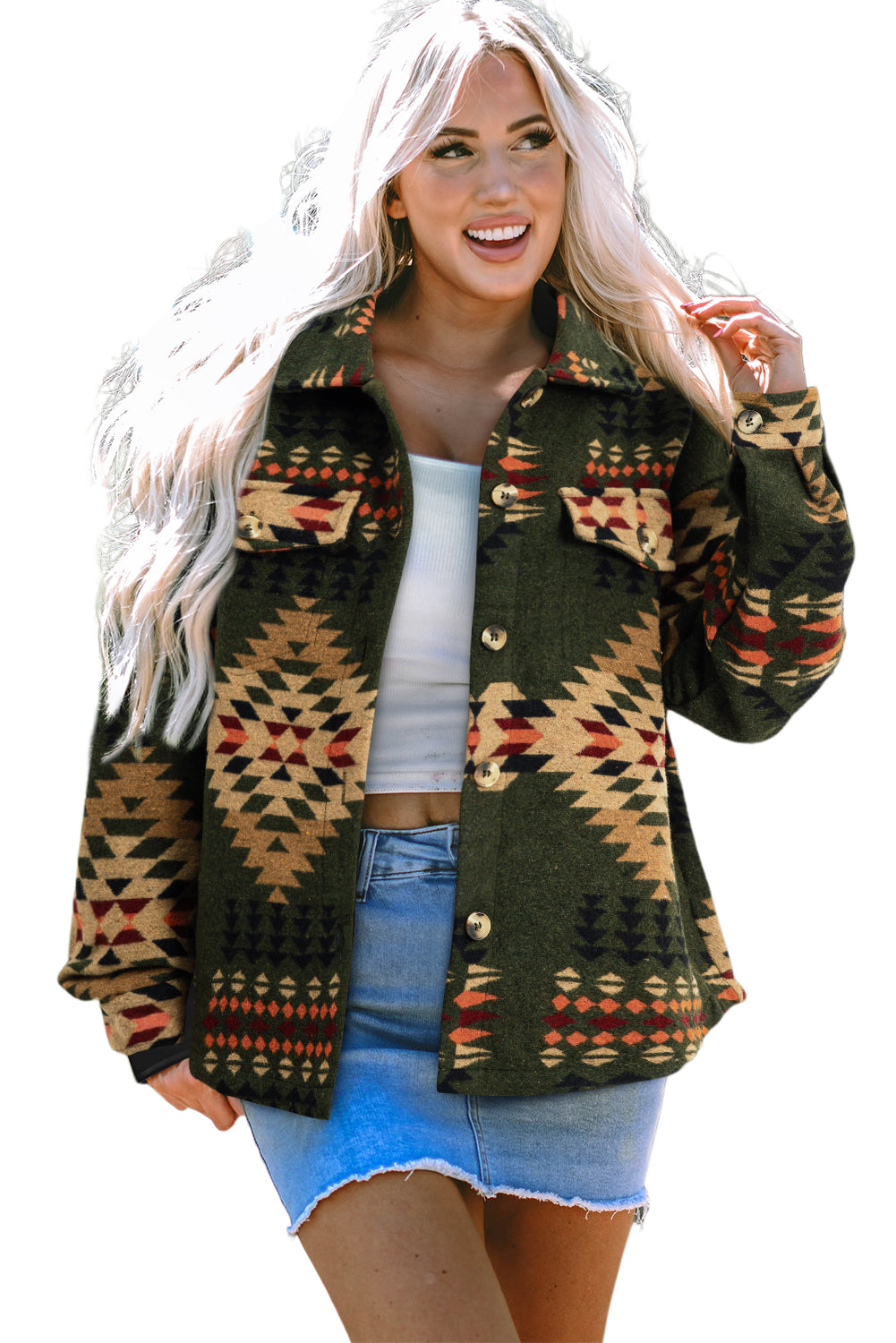 Green Aztec Print Flap Pockets Long Sleeve Shacket-Chaelisa's New Jammies
