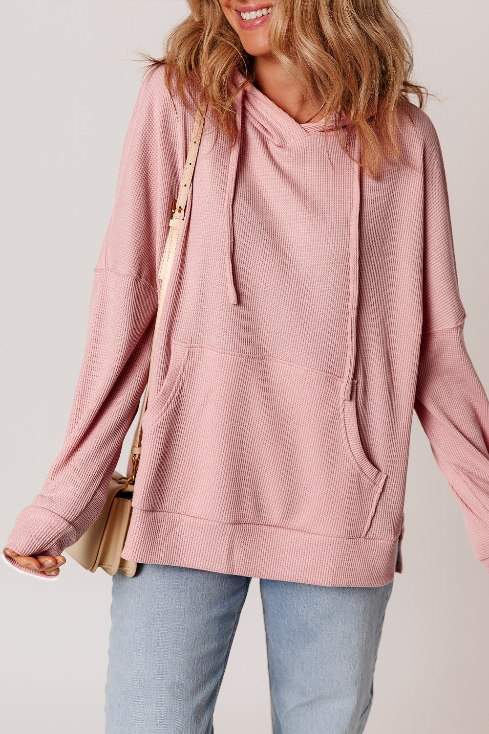 Light Pink Waffle Knit Fleece Lined High Low Oversized Hoodie-Chaelisa's New Jammies