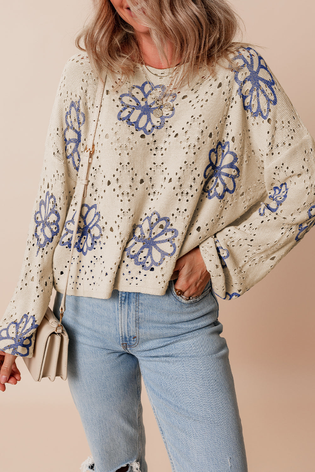 Beige Contrast Flower Print Eyelet Drop Shoulder Sweater-Chaelisa's New Jammies