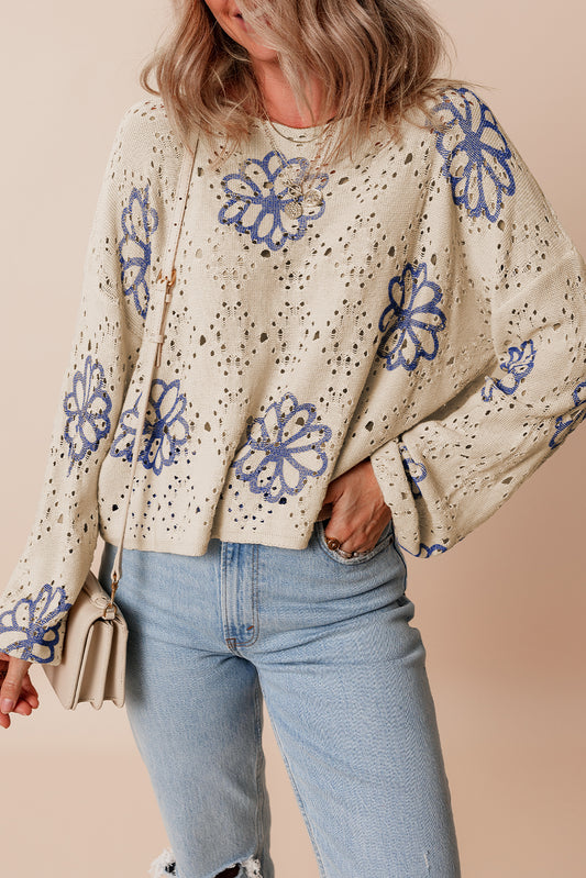 Beige Contrast Flower Print Eyelet Drop Shoulder Sweater-Chaelisa's New Jammies