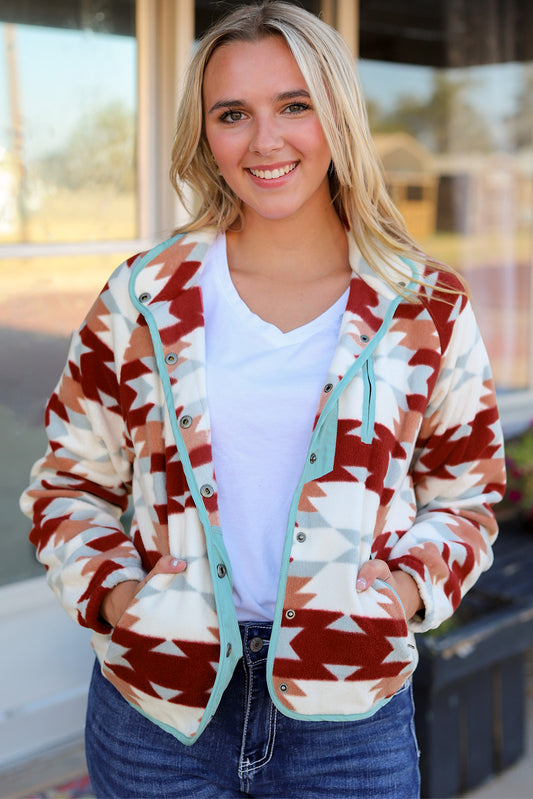 Fiery Red Western Aztec Buttoned Zipper Pockets Fleece Jacket-Chaelisa's New Jammies