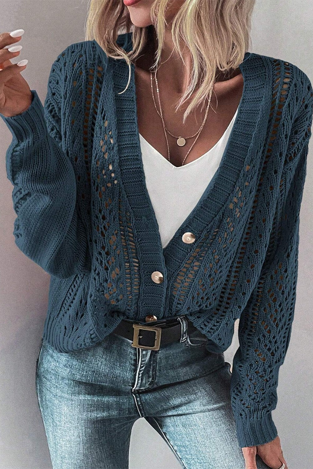 Openwork Button Up Long Sleeve Cardigan-Chaelisa's New Jammies