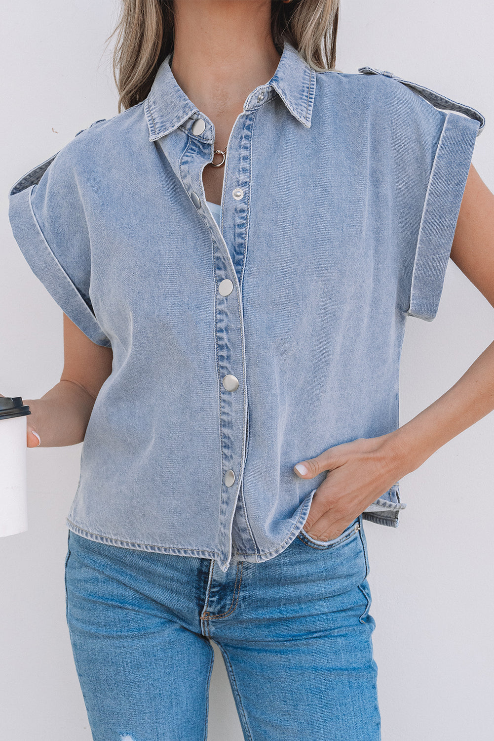 Dusk Blue Denim Pinup Folded Cap Sleeve Shirt-Chaelisa's New Jammies