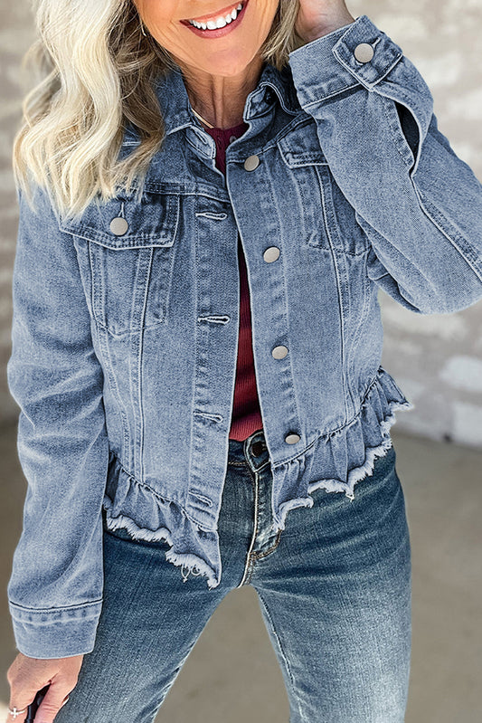 Beau Blue Ruffle Raw Hem Flap Pockets Denim Jacket-Chaelisa's New Jammies