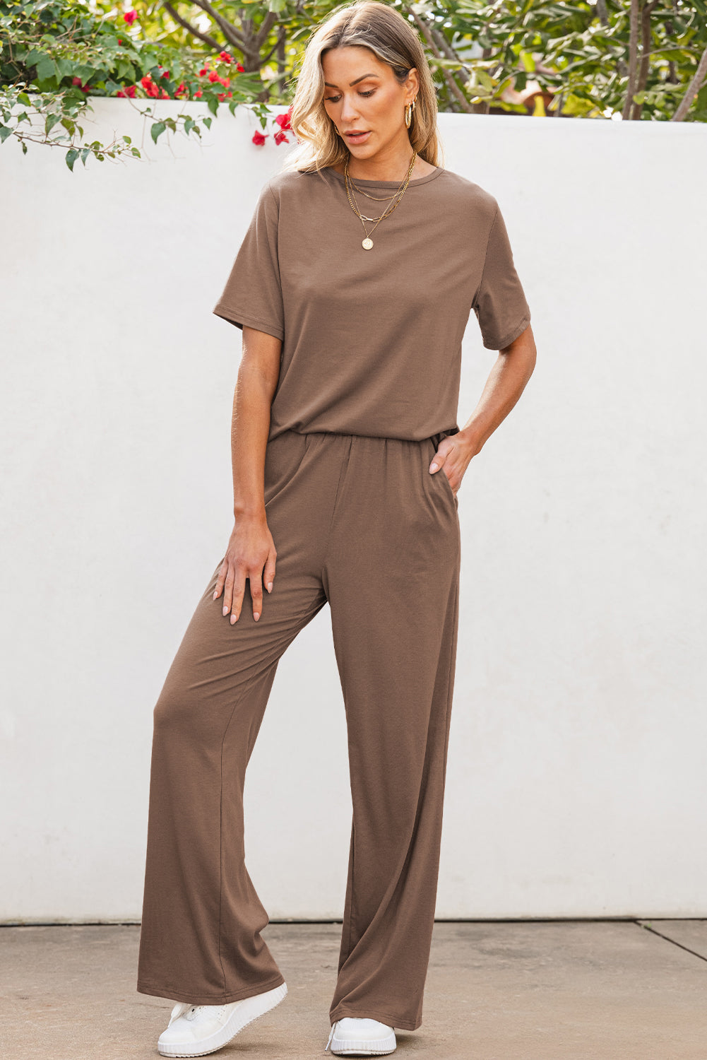Smoke Gray Solid Color T Shirt 2pcs Wide Leg Pants Set-Chaelisa's New Jammies