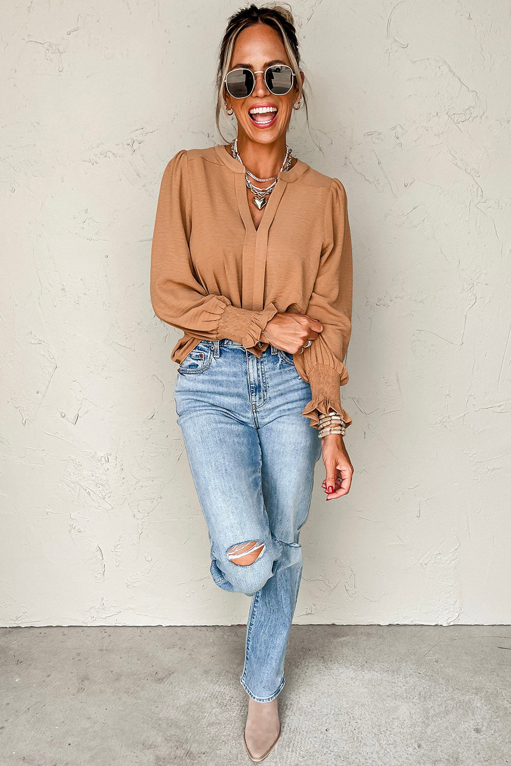 Straw Yellow Solid Color Shirred Cuff Notch V Neck Blouse-Chaelisa's New Jammies
