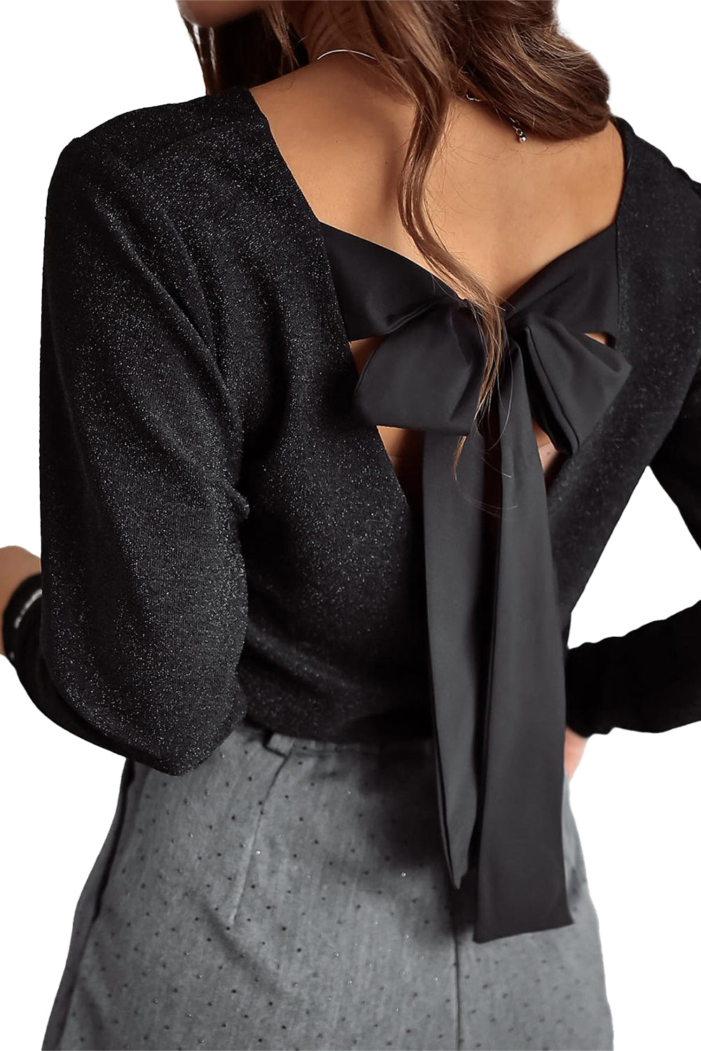 Black Metallic Bowknot Open Back V Neck Top-Chaelisa's New Jammies