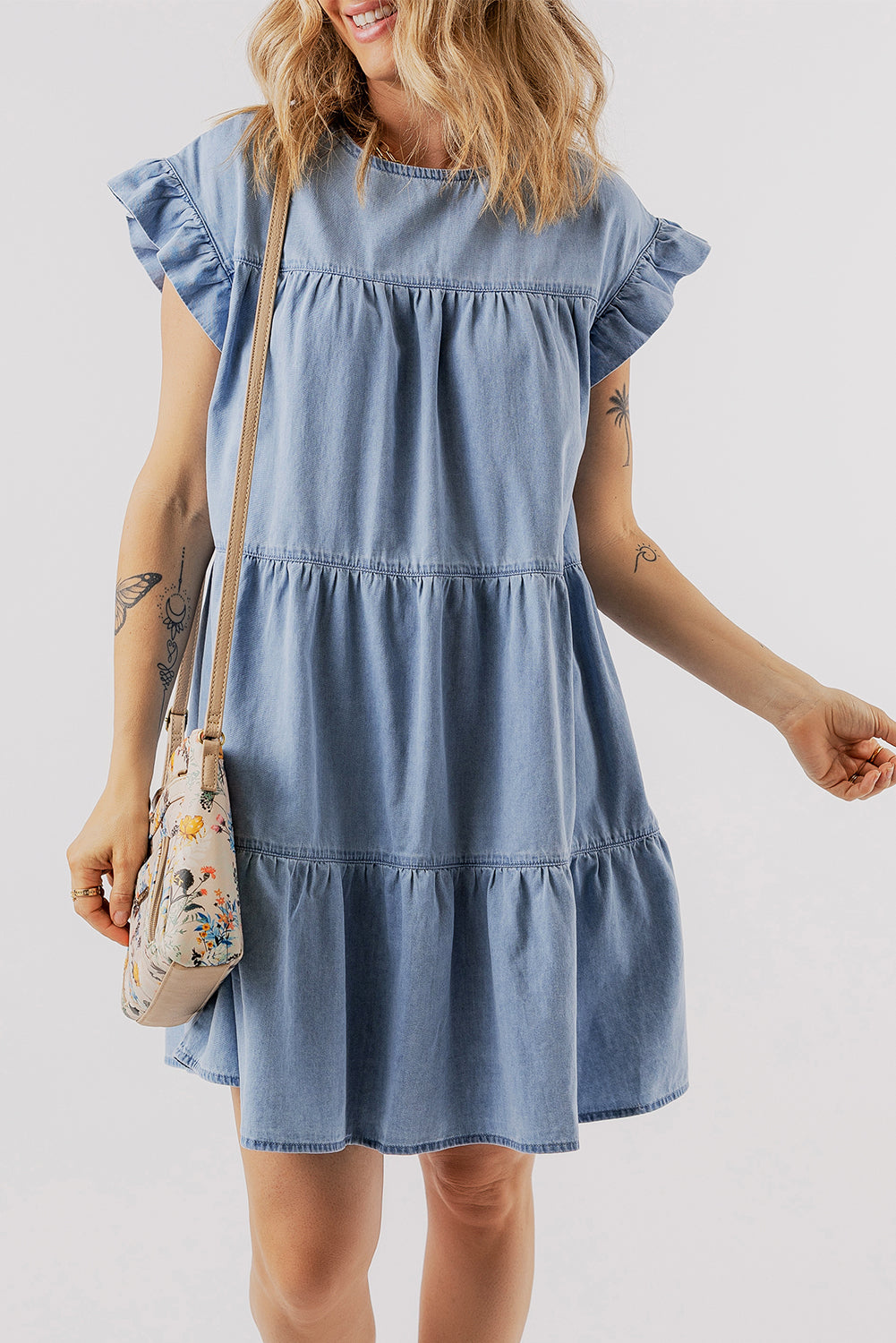 Beau Blue Ruffle Short Sleeve Tiered A-line Denim Dress-Chaelisa's New Jammies